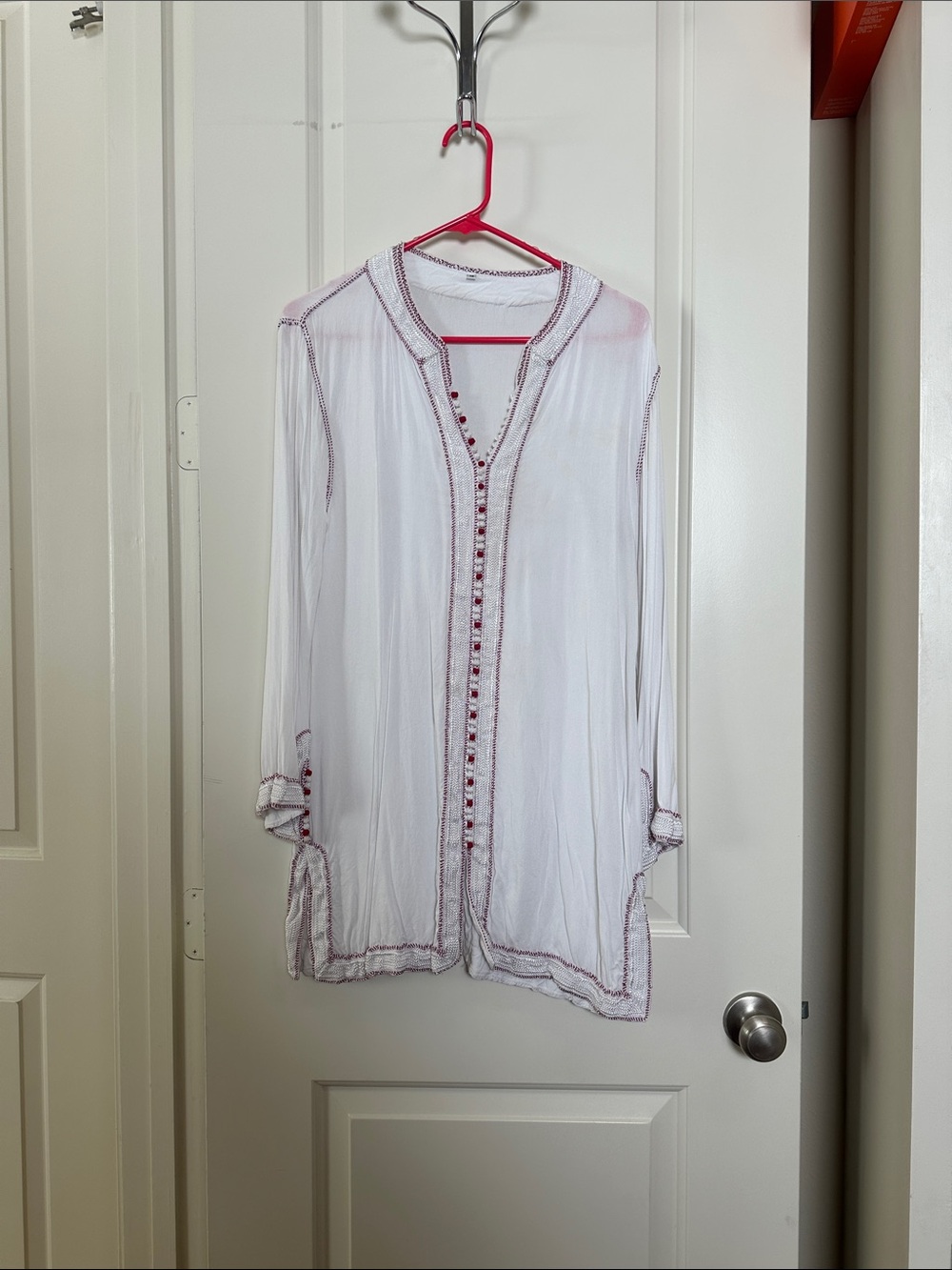 Women's White Tunic with Maroon Trim - Lightweight Button-Front